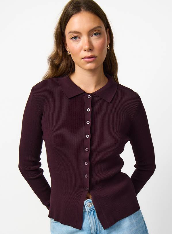 Dark Red Ribbed Button Through Cardigan 14